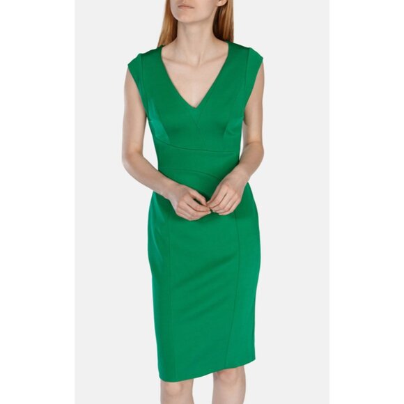 Karen Millen Elegant Bright Green V-Neck Structured Pencil Dress - Size 4 - Picture 3 of 16